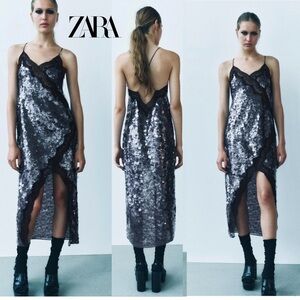 Zara ZW Collection Mauve Purple Sequin Lace Midi Dress S NWOT cocktail party